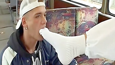 Vintage beauty with a sneaker is riding a tram in the car