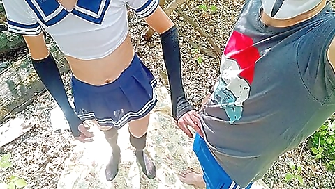 Girls in sexy costume and tight shorts are fucking in public
