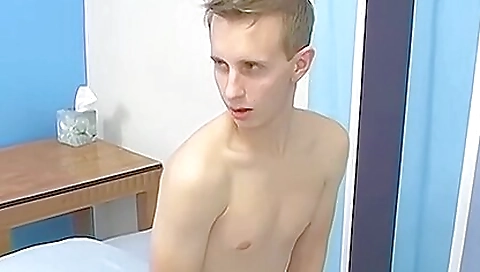 Cute twink with a lovely body jerks off on her big cock
