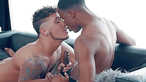 Black dude peeps on black chick with huge black cock