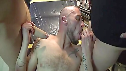 Group sex in a leather box with a big dick and a deep throat